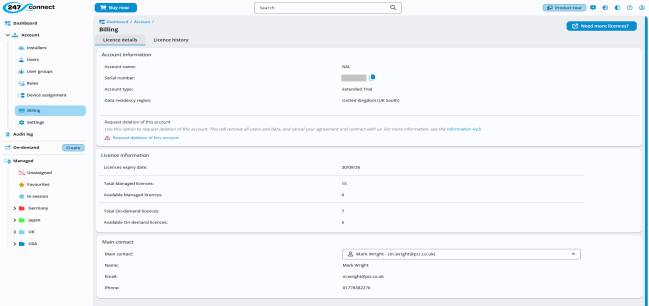 Billing page of 247connect showing account, licence and primary contact.  Sidebar shows Account > Billing is selected.